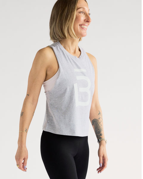 b3 Crop Muscle Racerback Tank - Athletic Heather/White - barre3