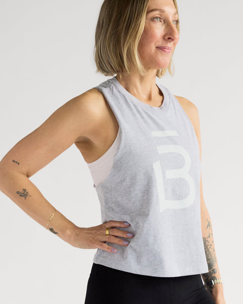 b3 Crop Muscle Racerback Tank - Athletic Heather/White - barre3