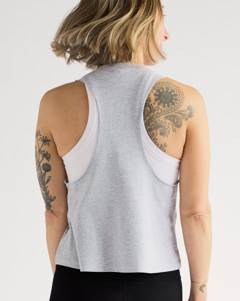 b3 Crop Muscle Racerback Tank - Athletic Heather/White - barre3